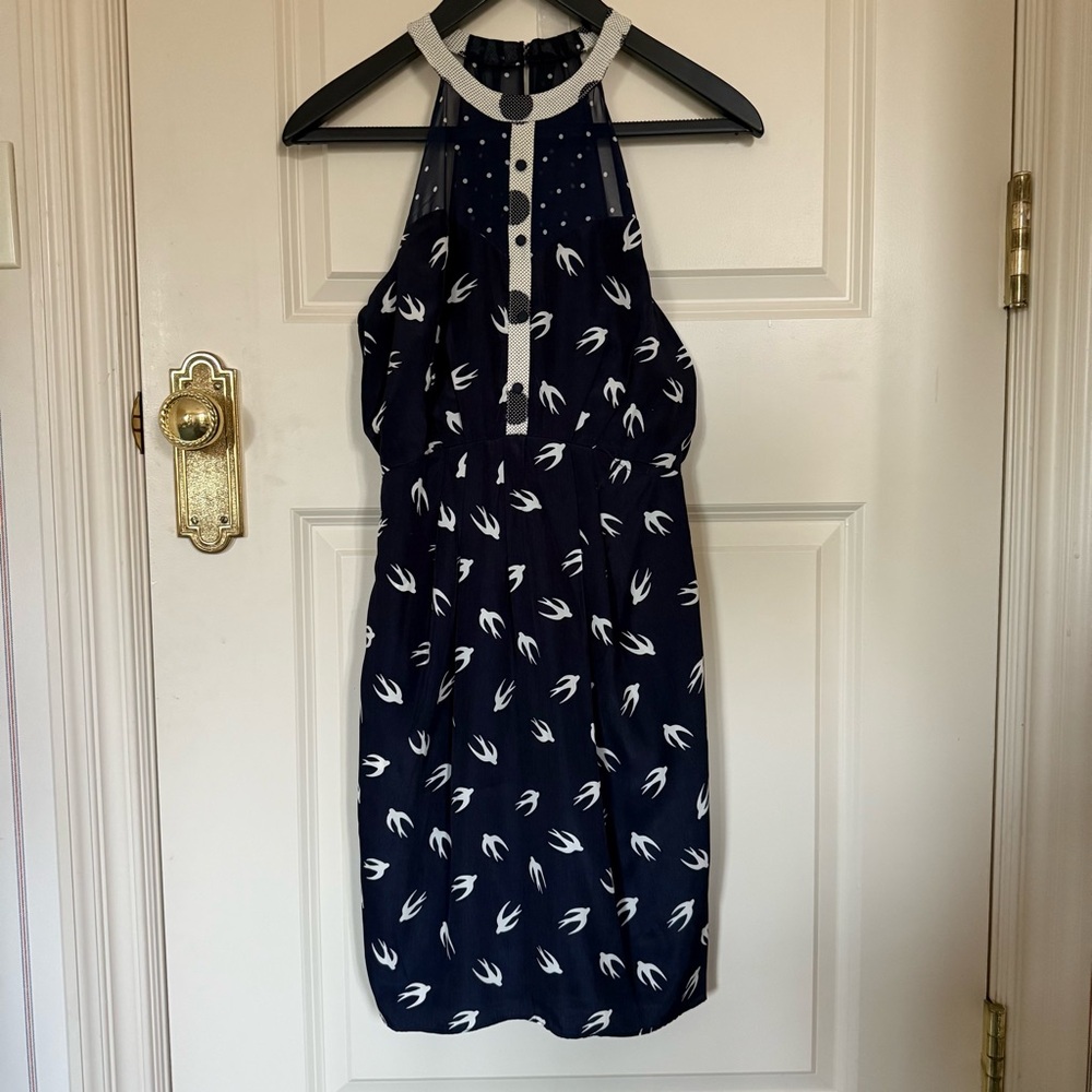 Greylin Navy Blue Halter Dress with Bird Print XS (NWT)